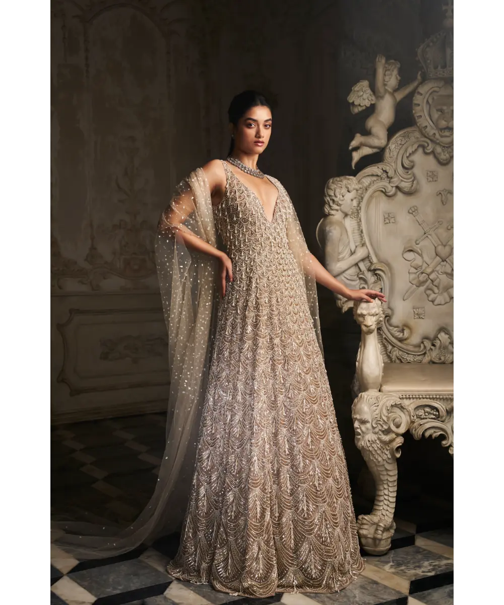 SEEMA GUJRAL- Nude Scalloped Gown