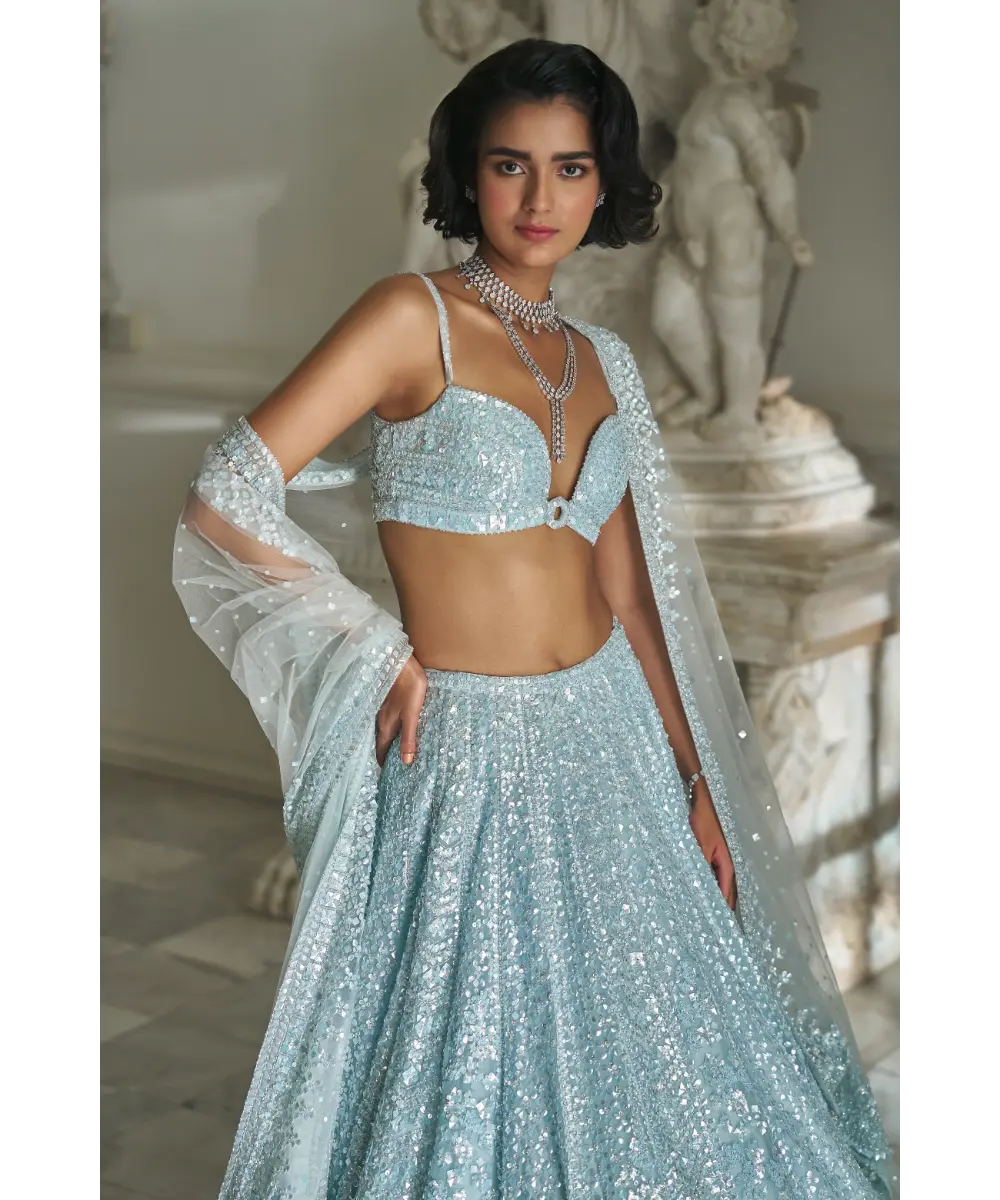 SEEMA GUJRAL- Powder Blue Sequin Lehenga Set