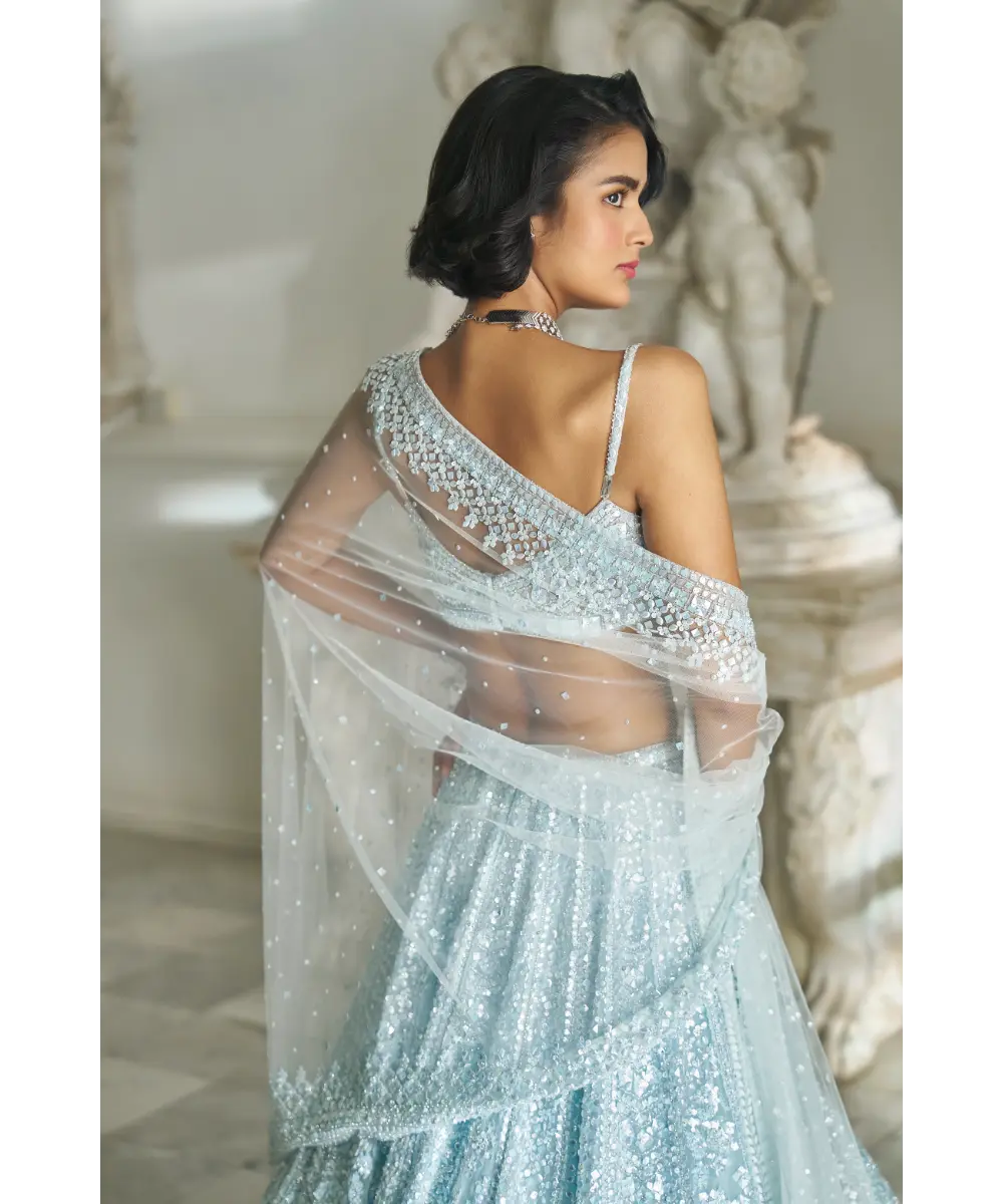 SEEMA GUJRAL- Powder Blue Sequin Lehenga Set