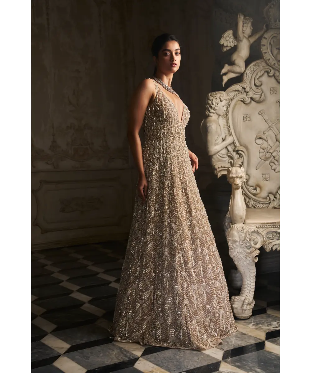 SEEMA GUJRAL- Nude Scalloped Gown