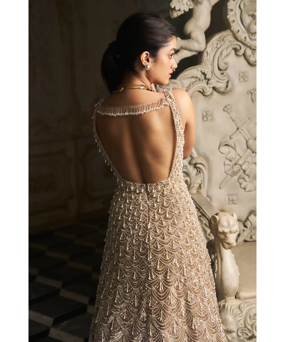 SEEMA GUJRAL- Nude Scalloped Gown