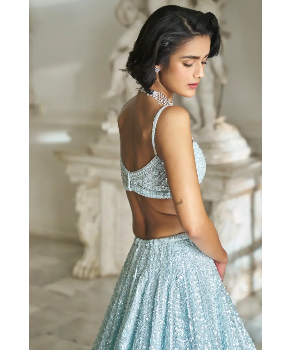 SEEMA GUJRAL- Powder Blue Sequin Lehenga Set
