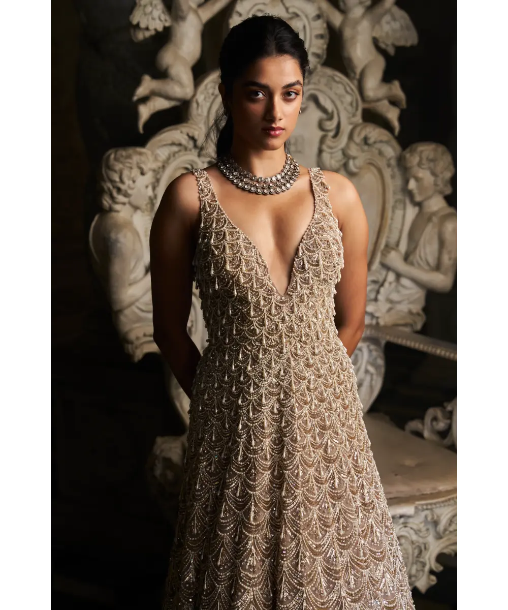 SEEMA GUJRAL- Nude Scalloped Gown