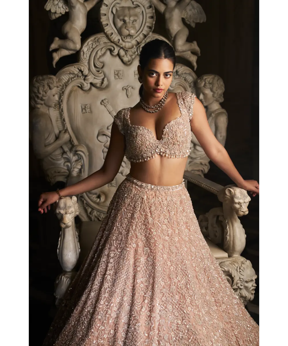 SEEMA GUJRAL- Champagne Sequin Lehenga Set