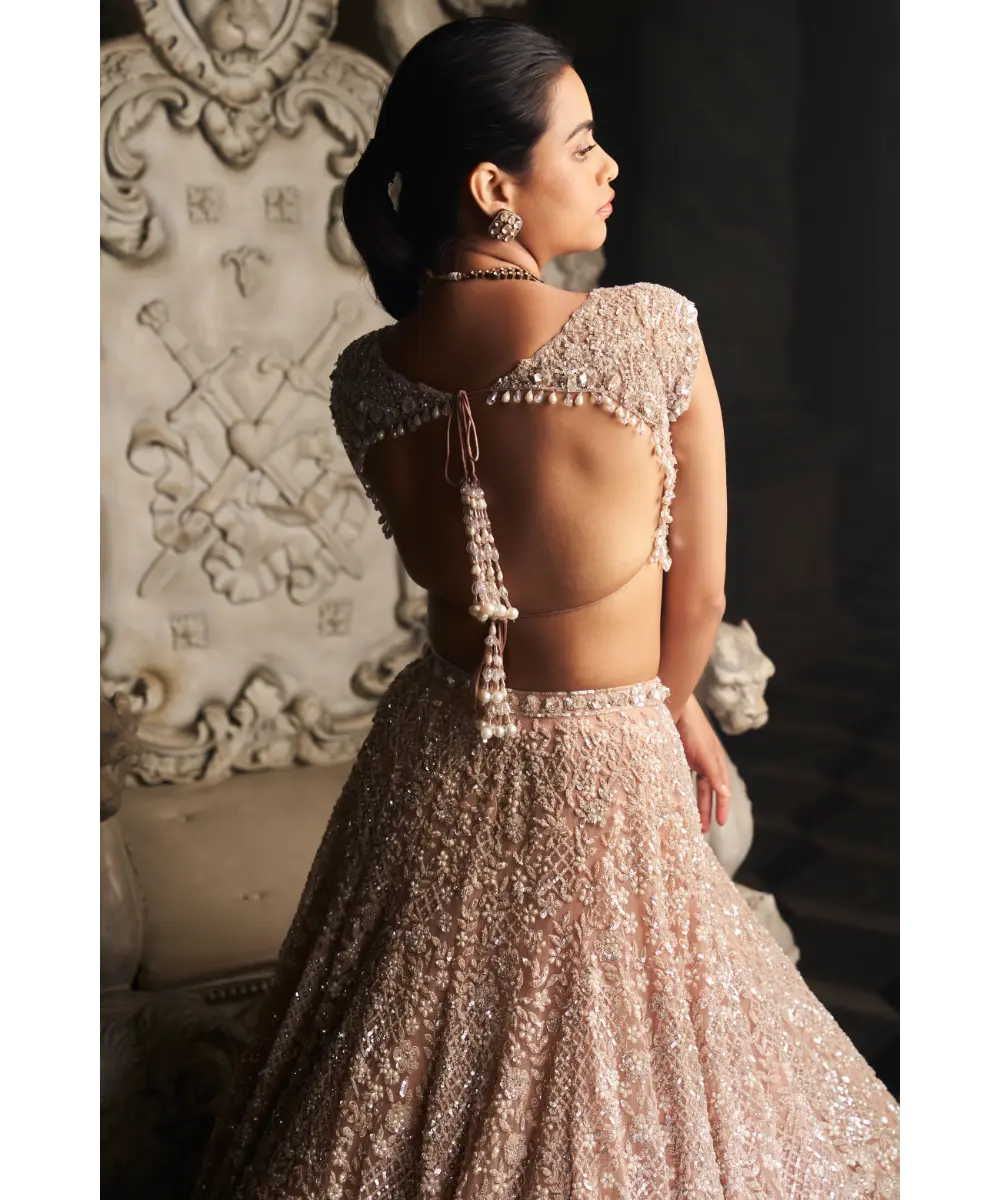 SEEMA GUJRAL- Champagne Sequin Lehenga Set