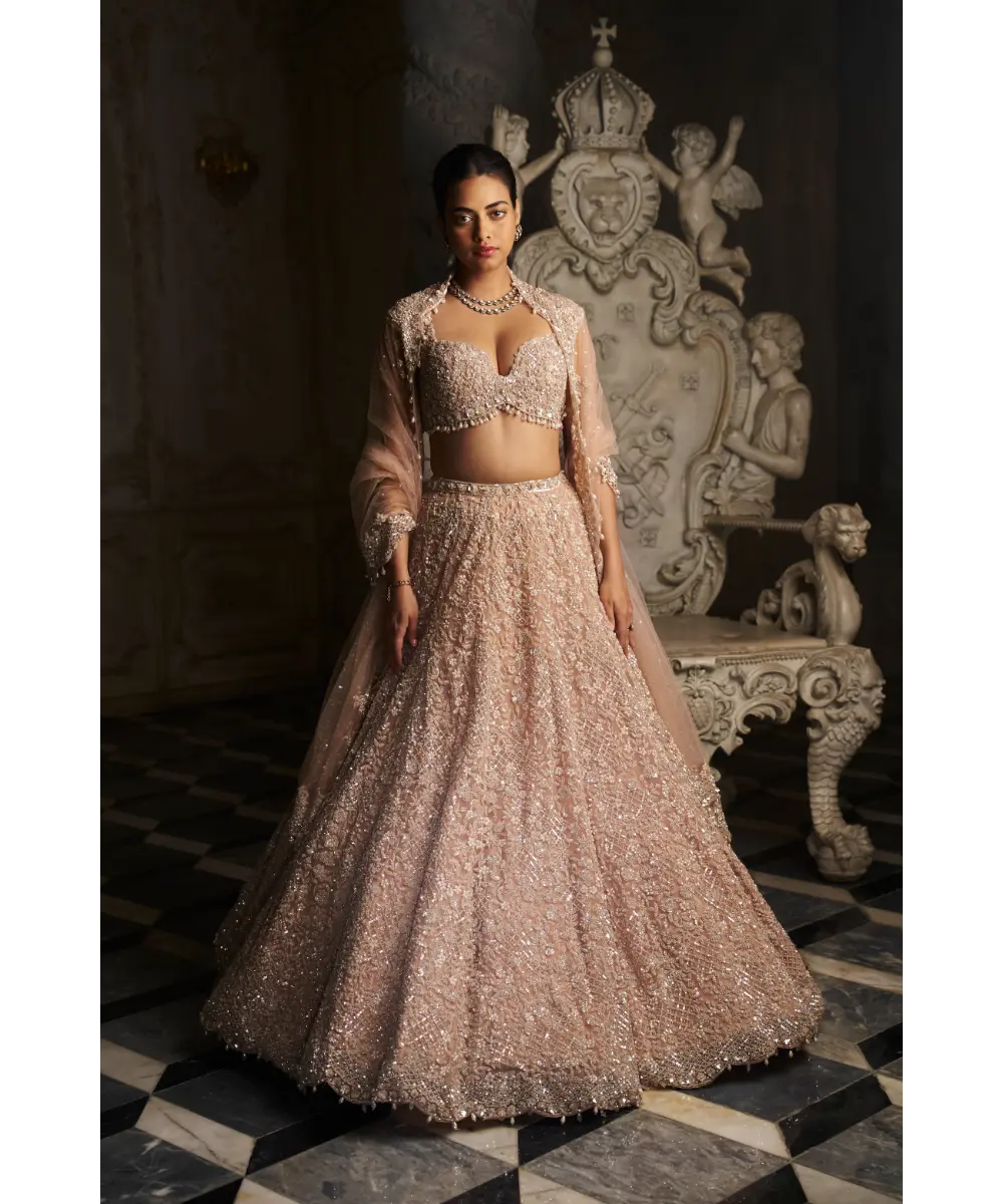 SEEMA GUJRAL- Champagne Sequin Lehenga Set