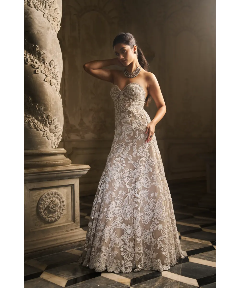 SEEMA GUJRAL- Off-Shoulder Nude Gown