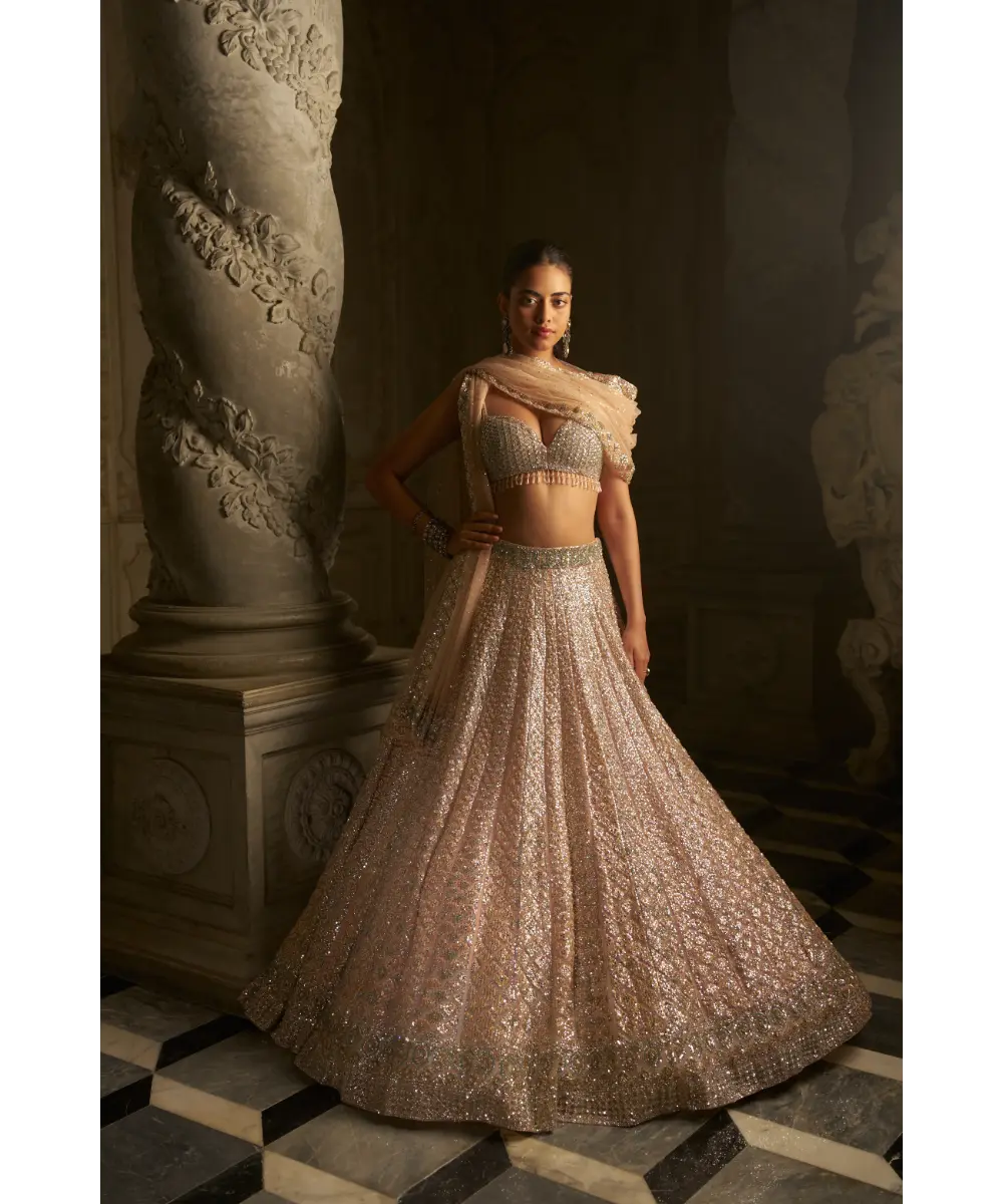 SEEMA GUJRAL- Powder Peach Sequin Lehenga Set