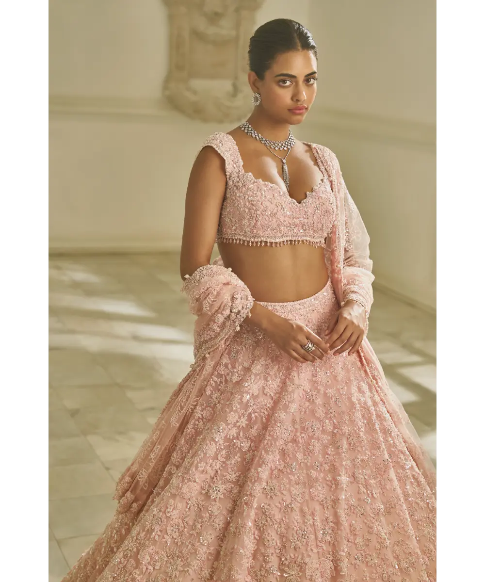 SEEMA GUJRAL- Powder Pink Floral Lehenga Set