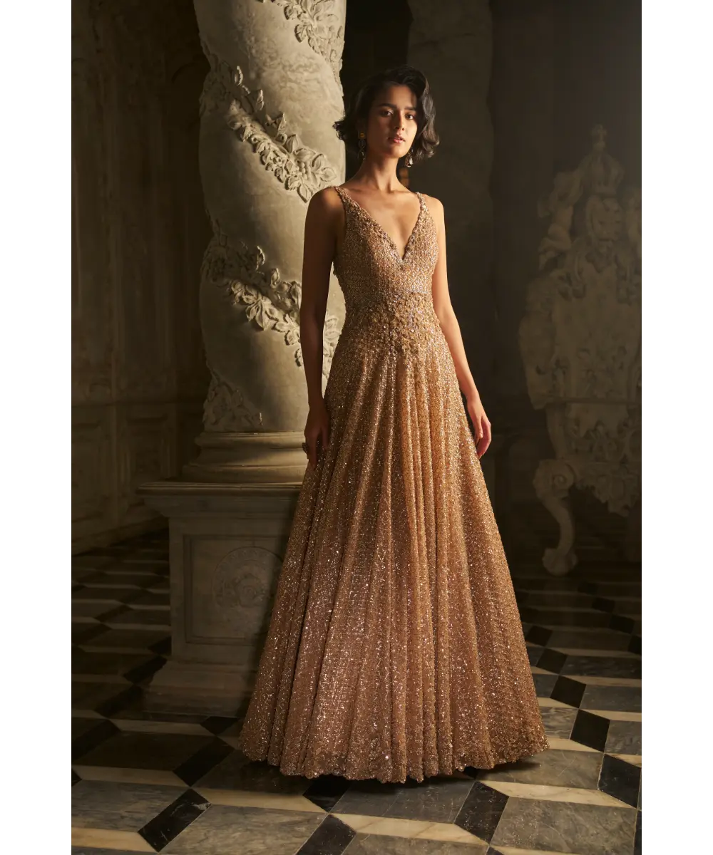 SEEMA GUJRAL- Nude Sequin Gown