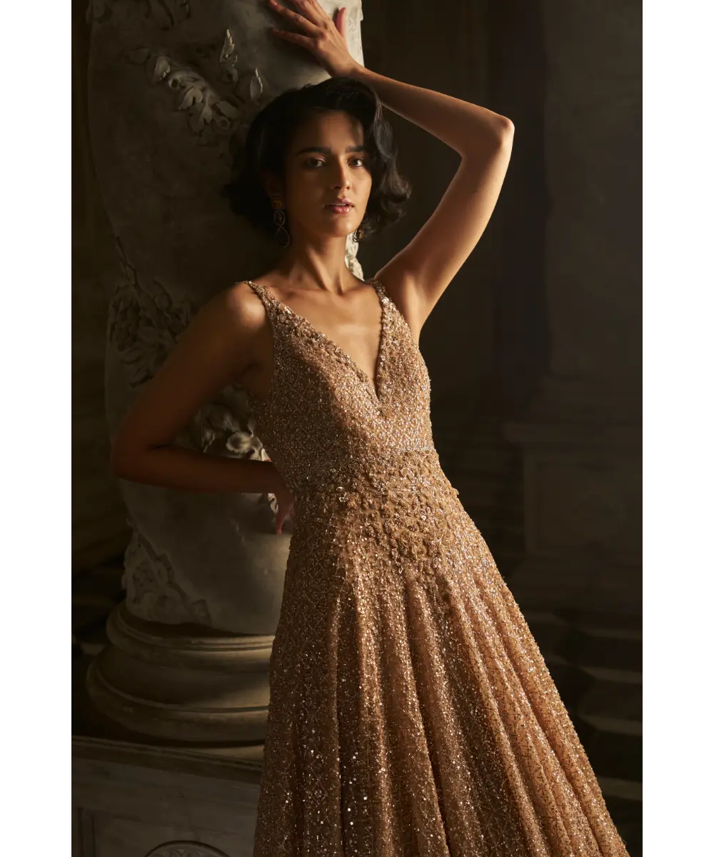 SEEMA GUJRAL- Nude Sequin Gown