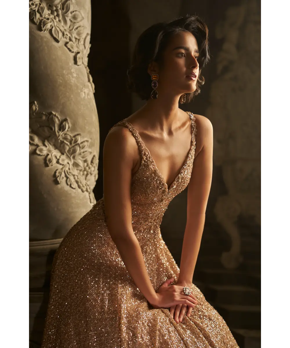 SEEMA GUJRAL- Nude Sequin Gown