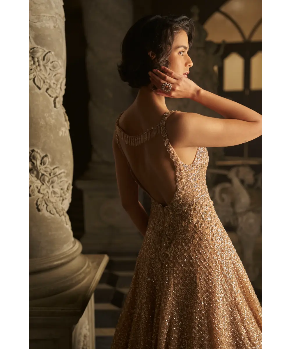 SEEMA GUJRAL- Nude Sequin Gown