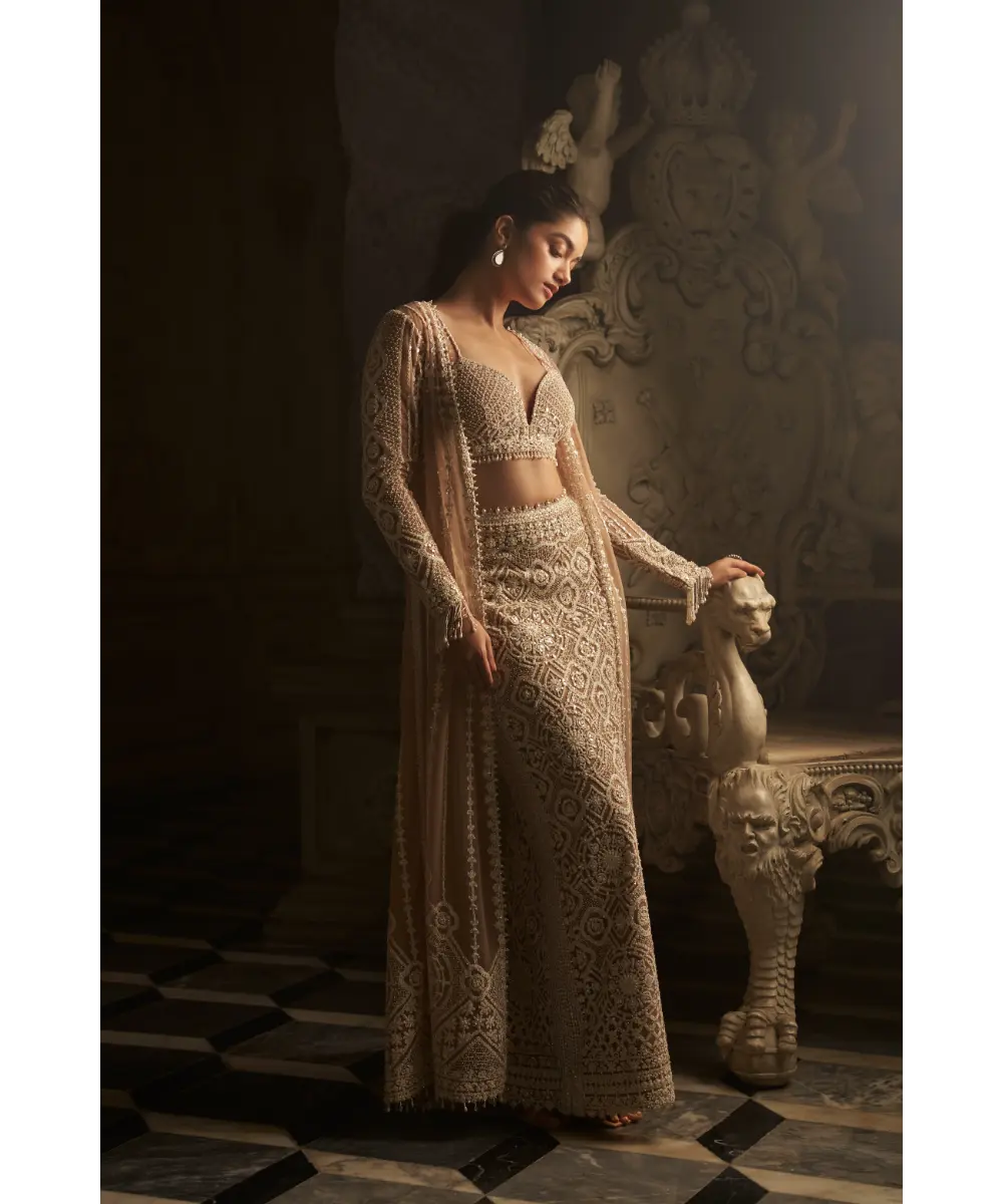 SEEMA GUJRAL- Nude Cream Skirt Jacket Set