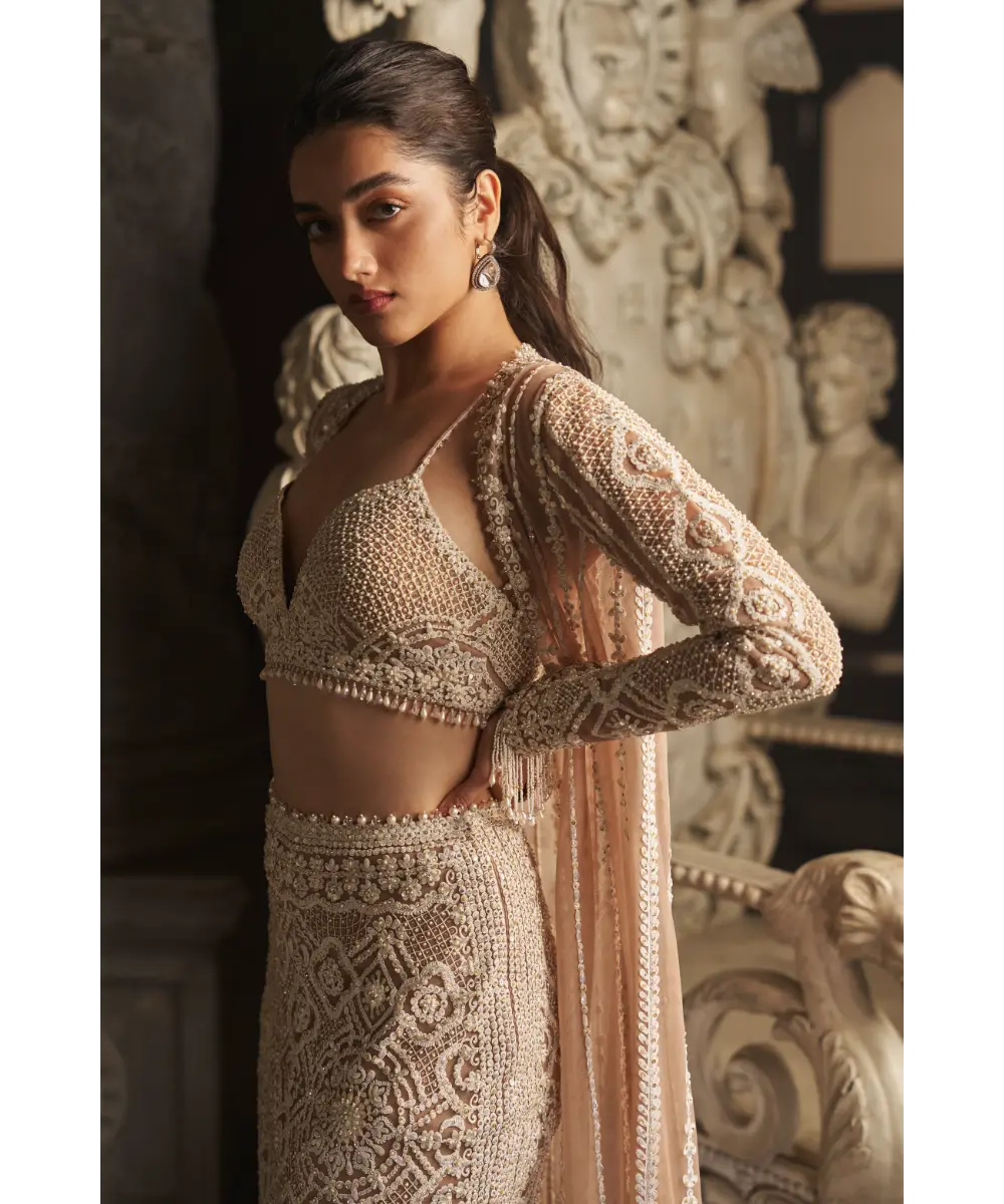 SEEMA GUJRAL- Nude Cream Skirt Jacket Set