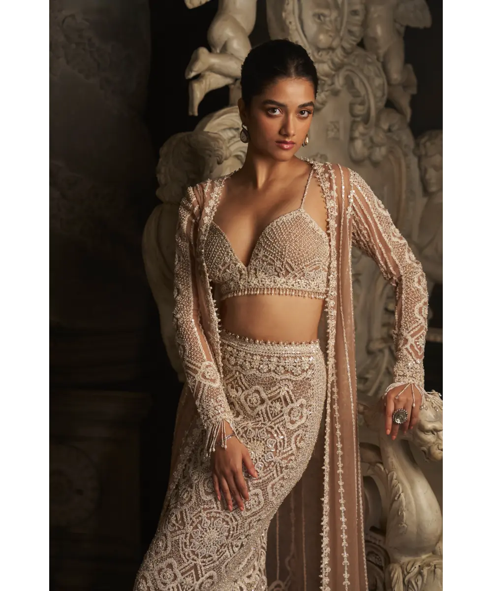 SEEMA GUJRAL- Nude Cream Skirt Jacket Set