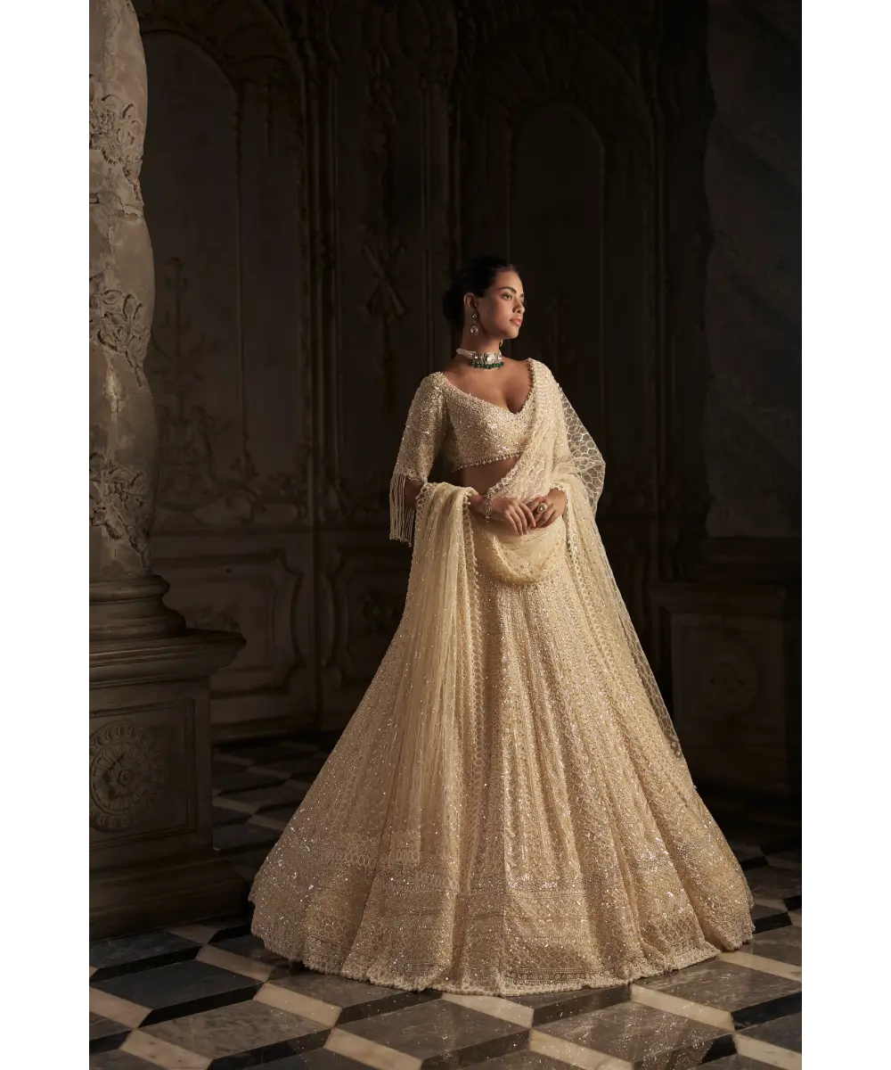 SEEMA GUJRAL- Cream Pearl Lehenga Set