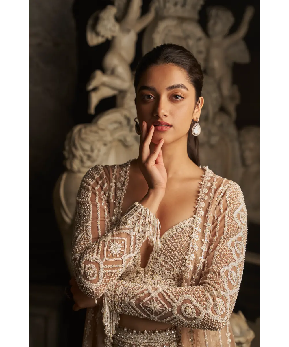 SEEMA GUJRAL- Nude Cream Skirt Jacket Set