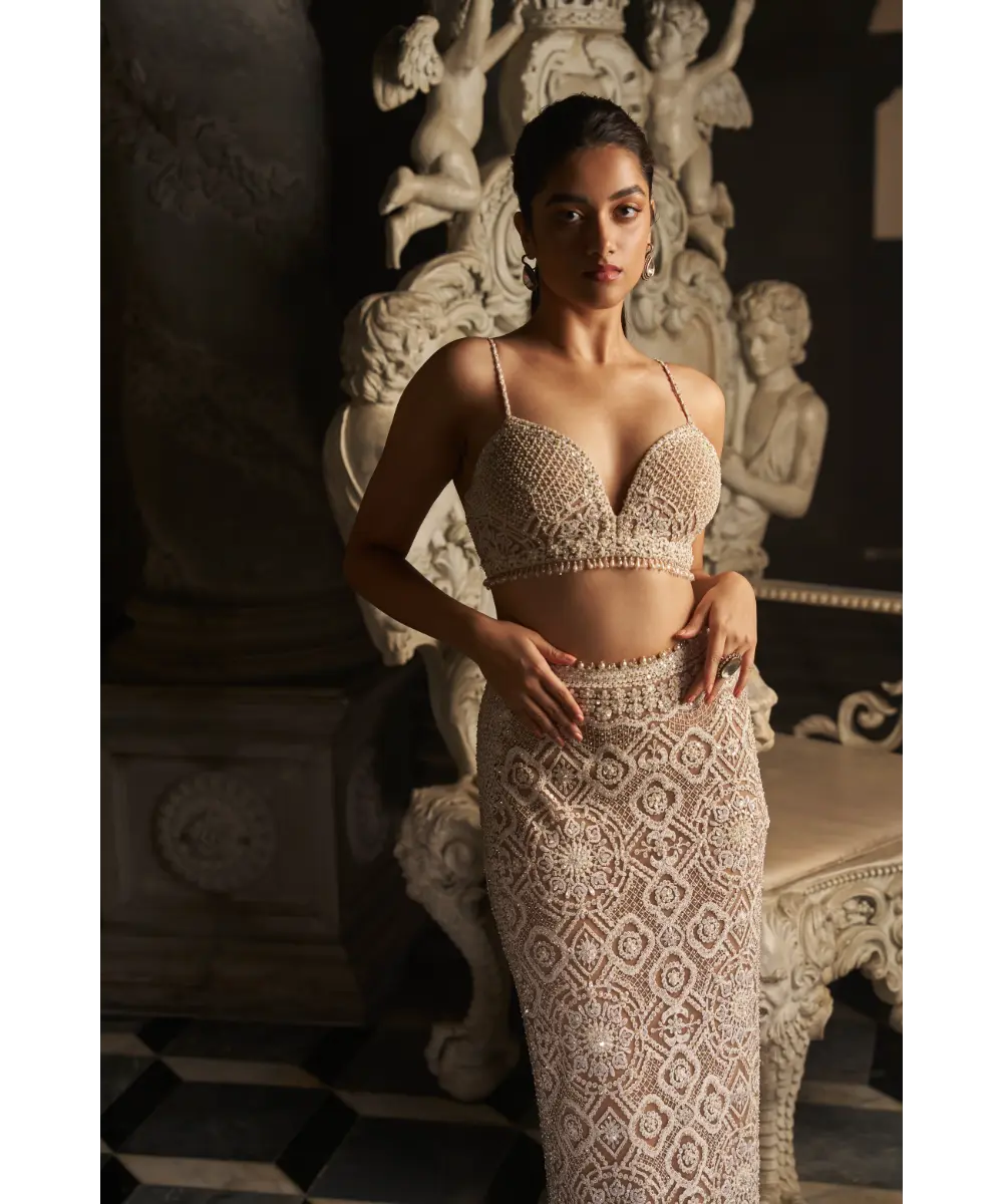 SEEMA GUJRAL- Nude Cream Skirt Jacket Set