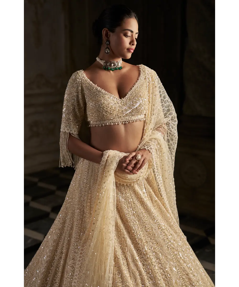 SEEMA GUJRAL- Cream Pearl Lehenga Set