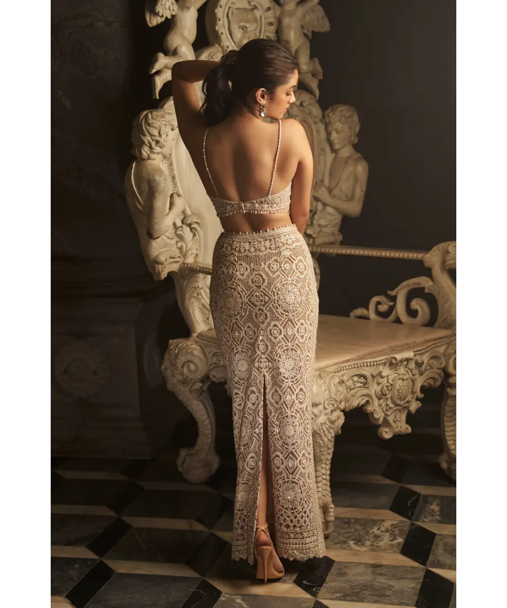 SEEMA GUJRAL- Nude Cream Skirt Jacket Set