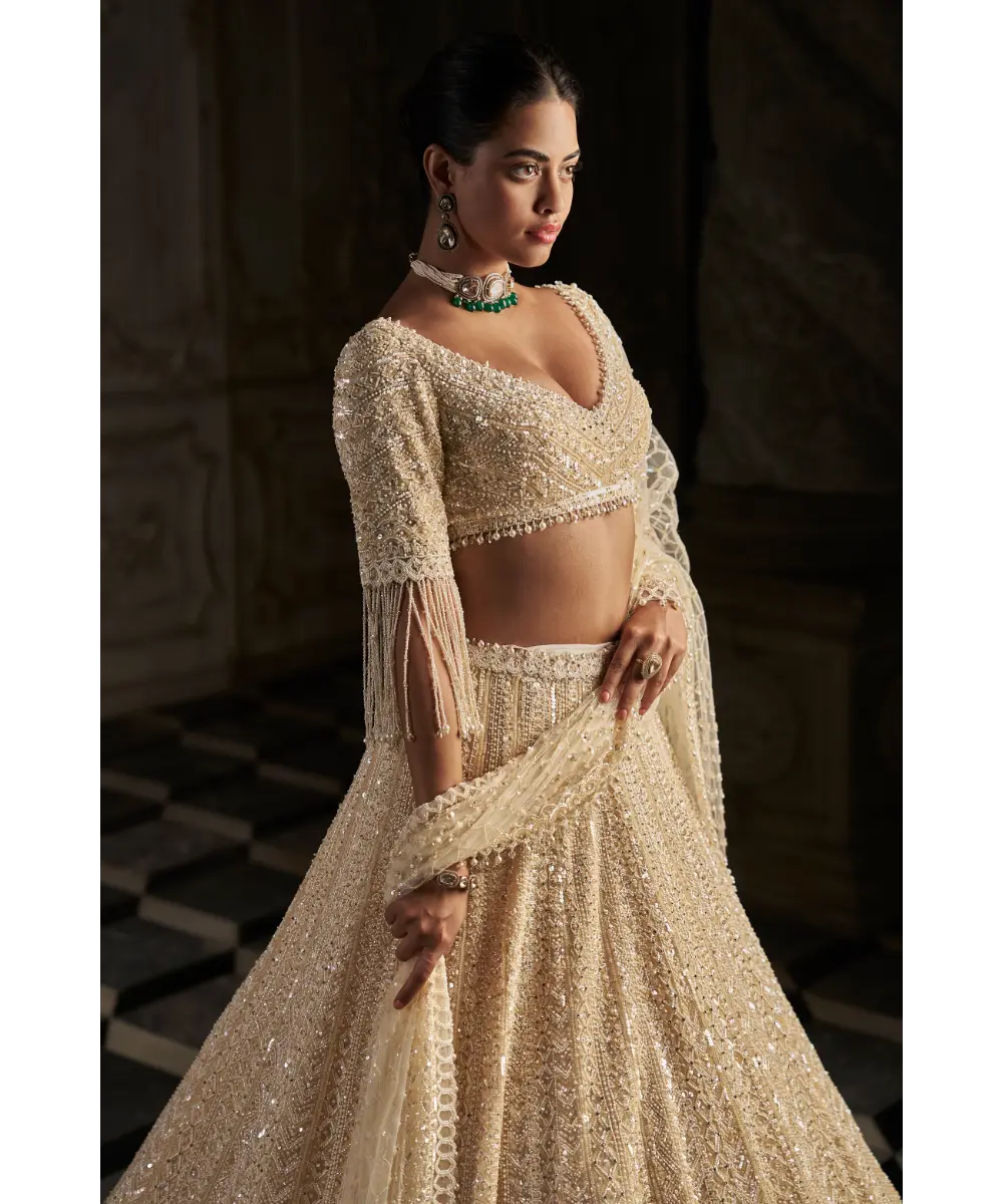 SEEMA GUJRAL- Cream Pearl Lehenga Set