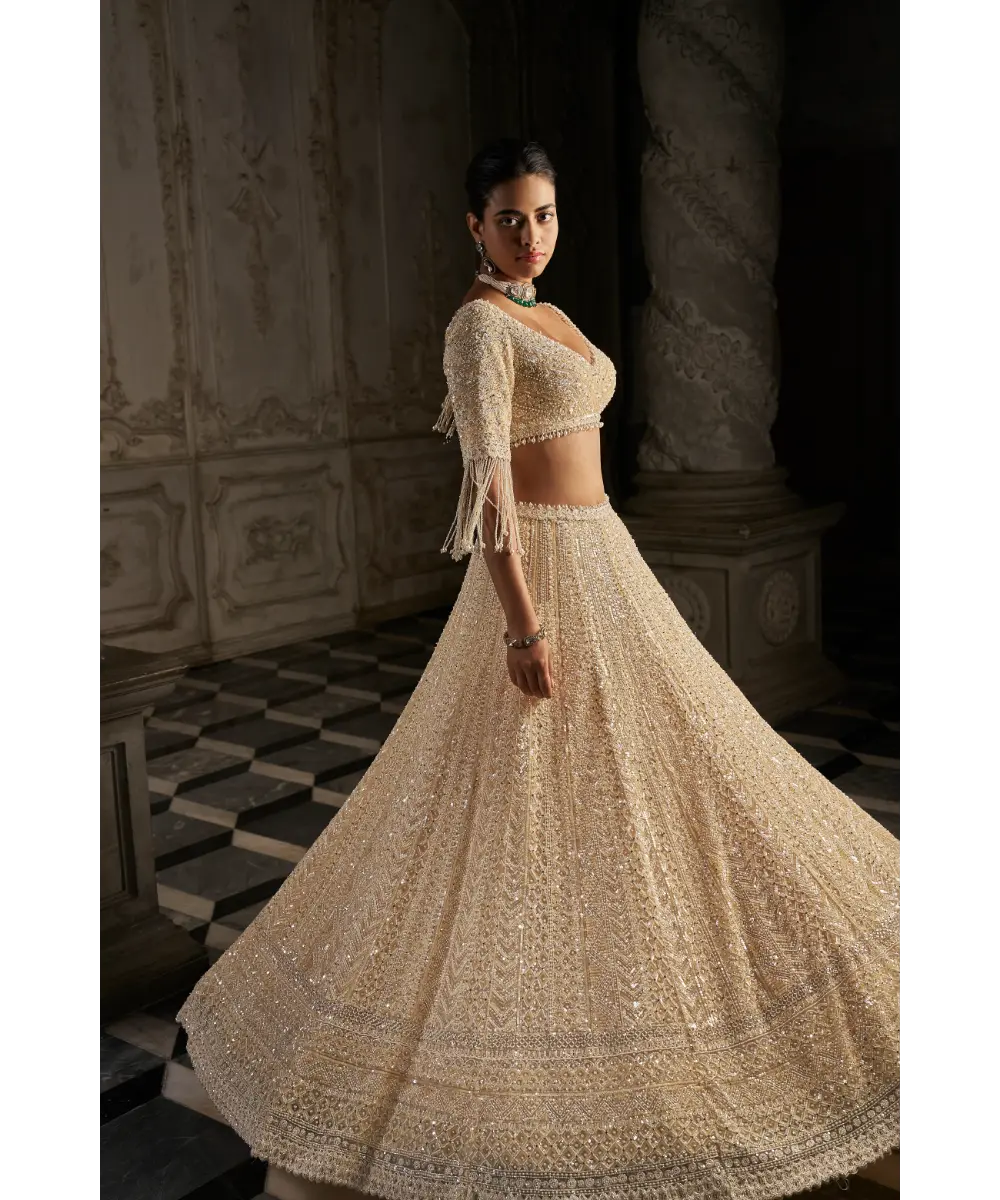 SEEMA GUJRAL- Cream Pearl Lehenga Set
