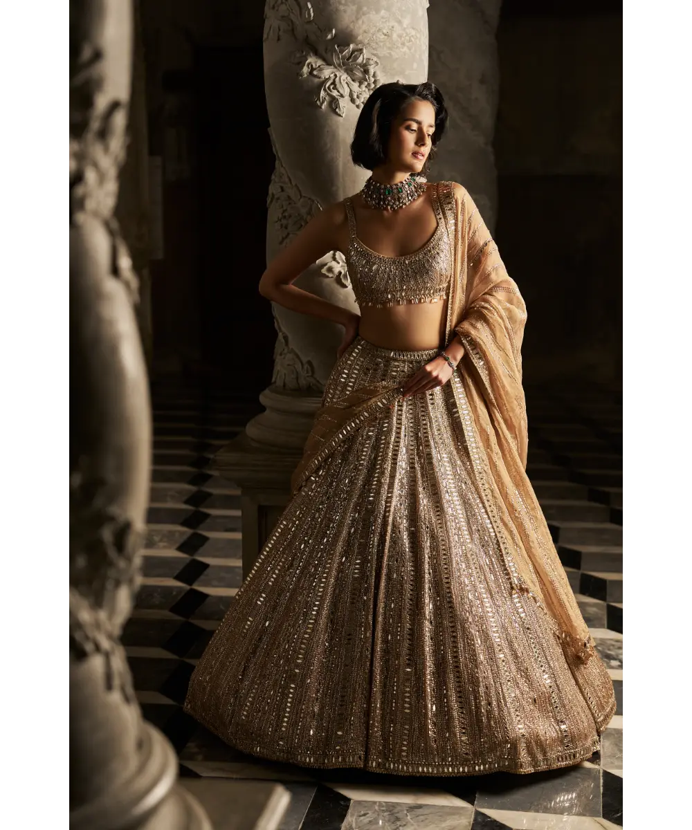 SEEMA GUJRAL-  Gold Mirror Work Lehenga Set