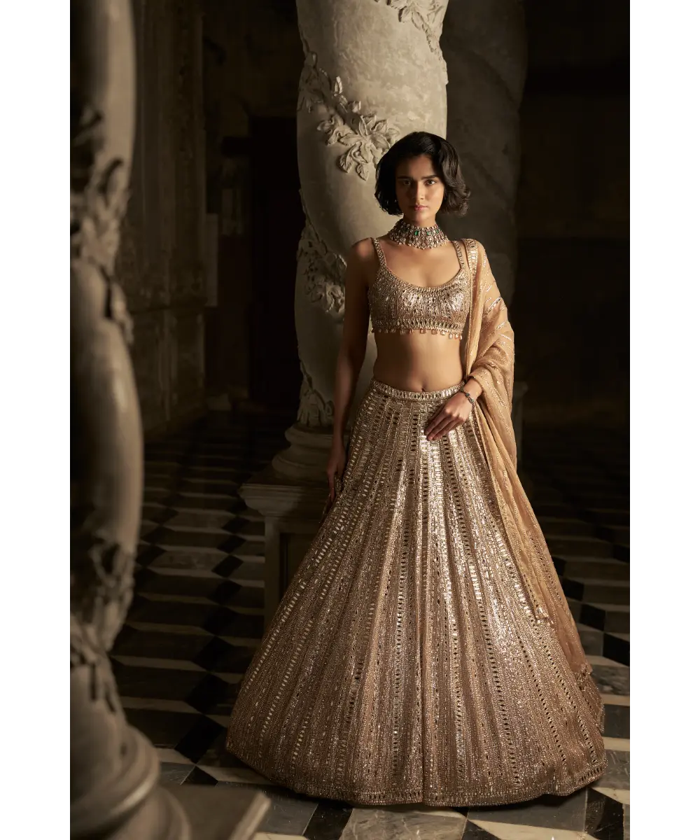 SEEMA GUJRAL-  Gold Mirror Work Lehenga Set