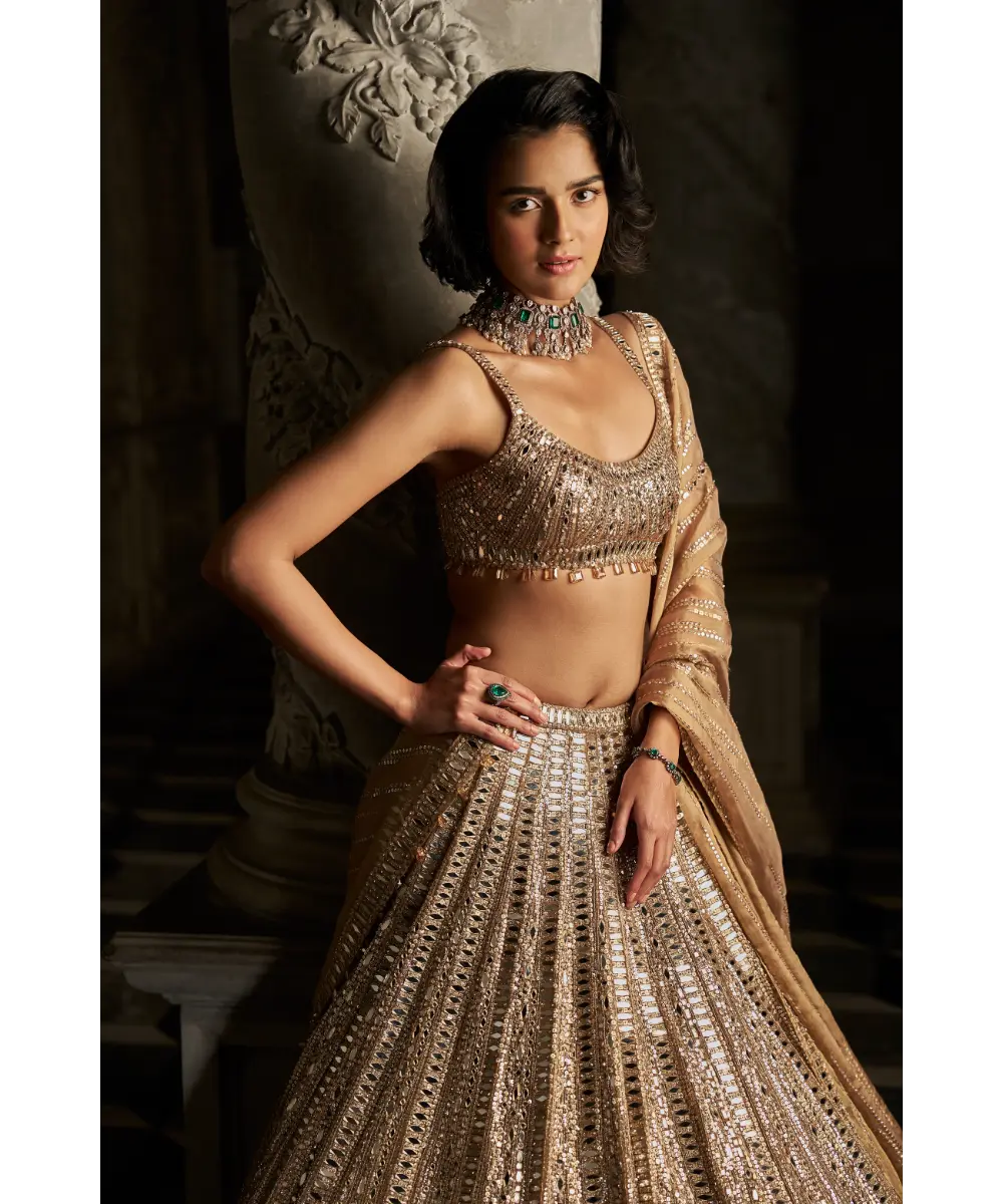 SEEMA GUJRAL-  Gold Mirror Work Lehenga Set