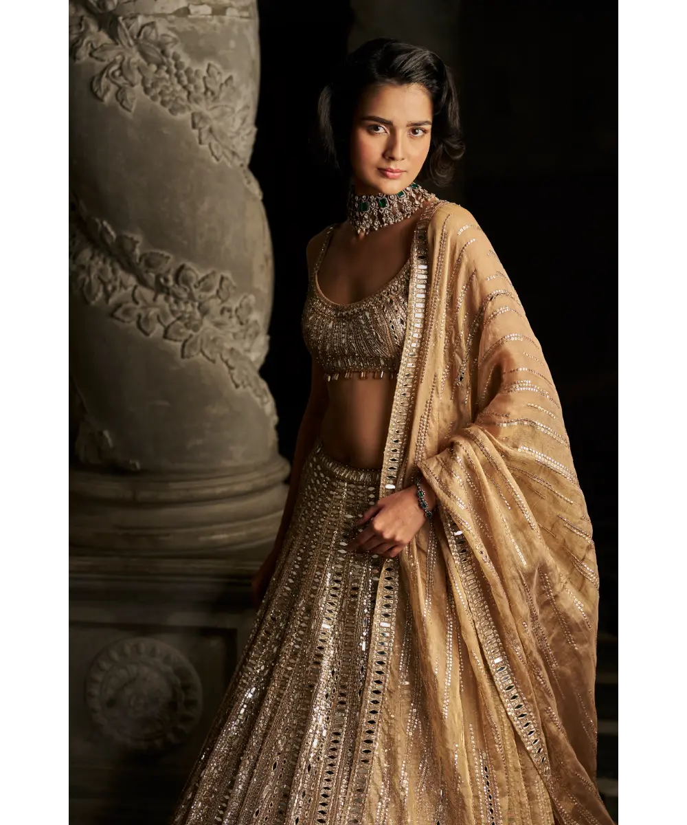 SEEMA GUJRAL-  Gold Mirror Work Lehenga Set