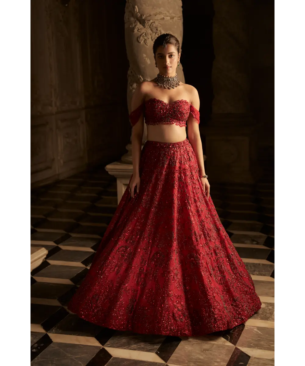 SEEMA GUJRAL- Red Off-Shoulder Lehenga Set