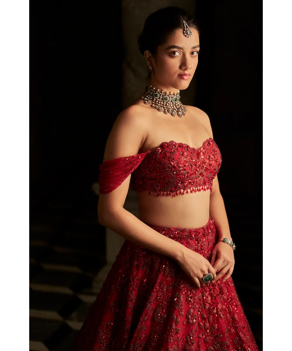SEEMA GUJRAL- Red Off-Shoulder Lehenga Set