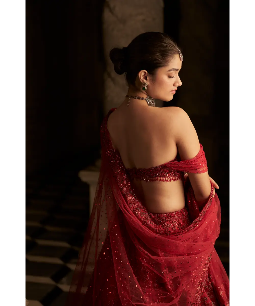 SEEMA GUJRAL- Red Off-Shoulder Lehenga Set