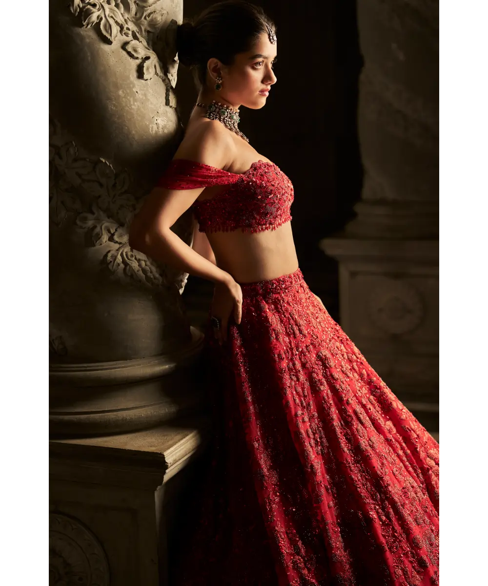SEEMA GUJRAL- Red Off-Shoulder Lehenga Set