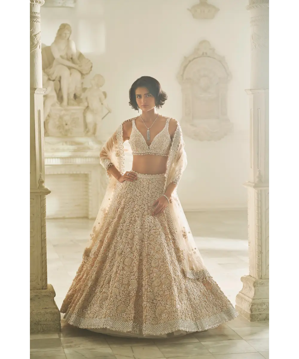 SEEMA GUJRAL- Powder Pink Three-Dimensional Lehenga Set