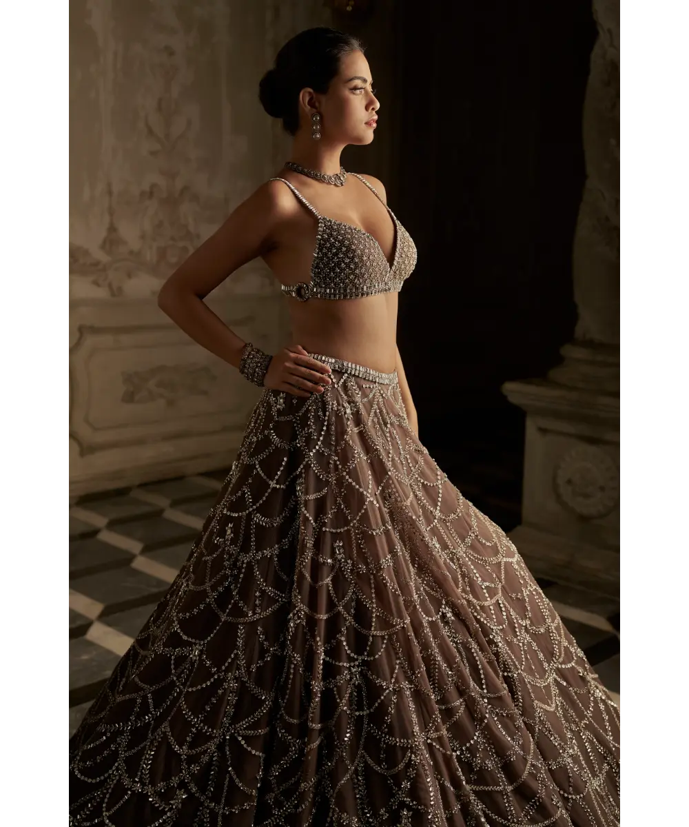 SEEMA GUJRAL- Coffee Chandelier Lehenga Set