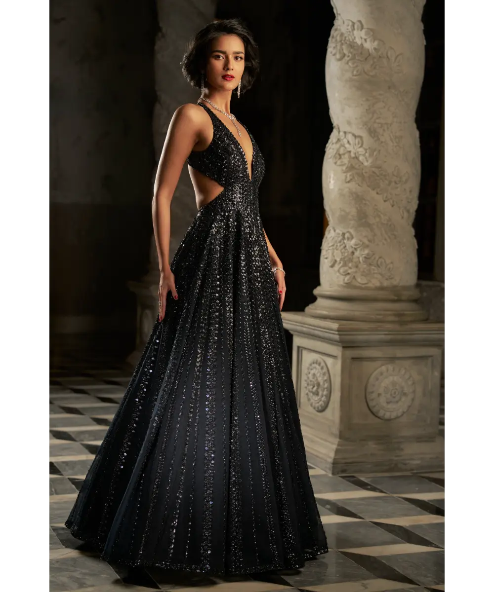SEEMA GUJRAL-Navy Sequin Gown