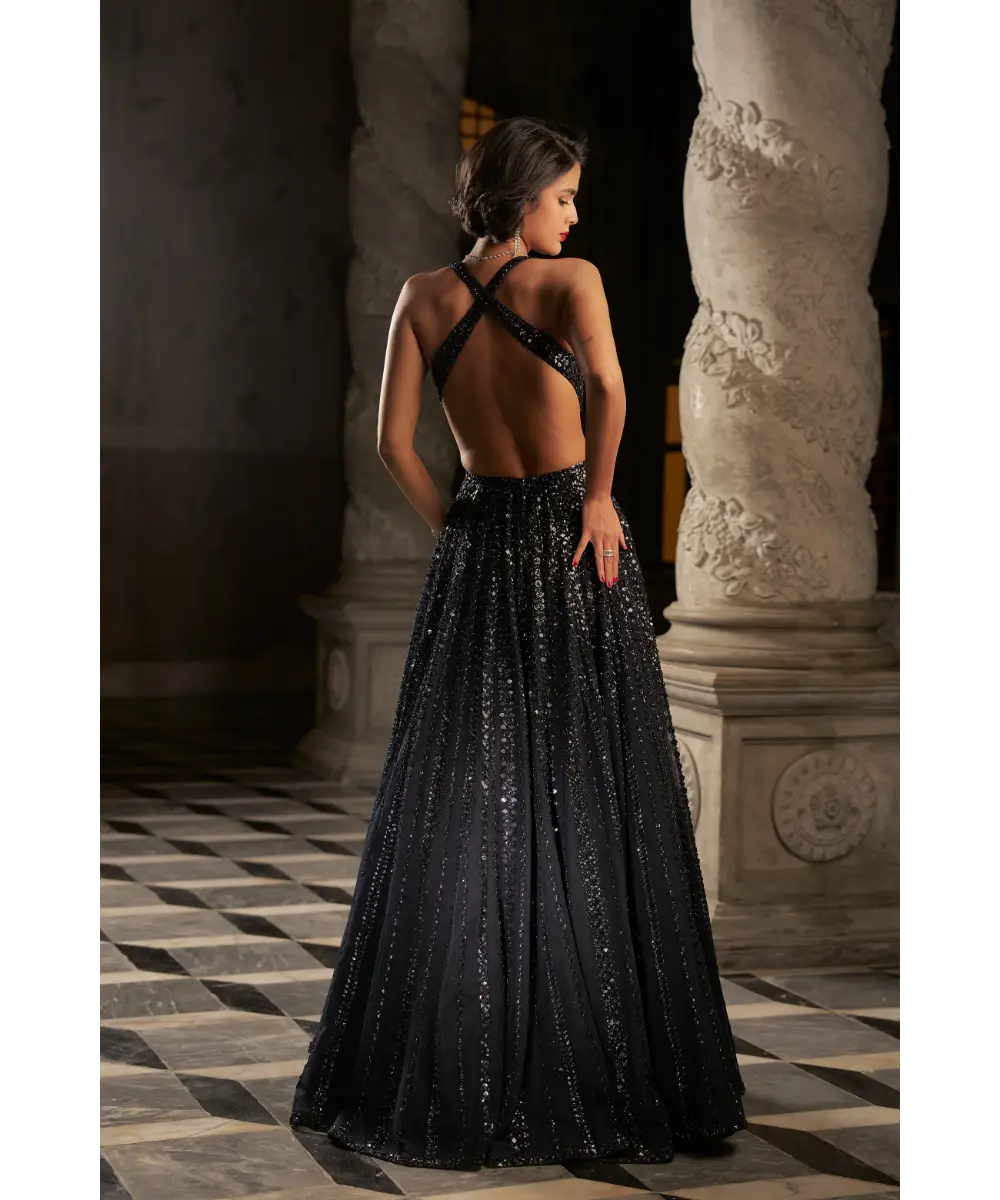 SEEMA GUJRAL-Navy Sequin Gown