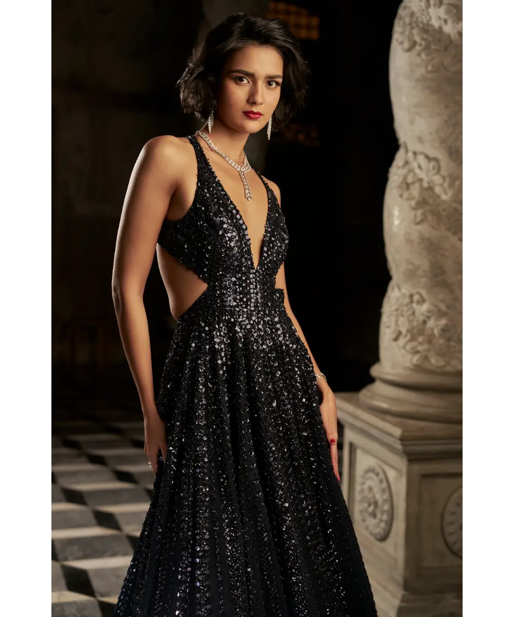 SEEMA GUJRAL-Navy Sequin Gown