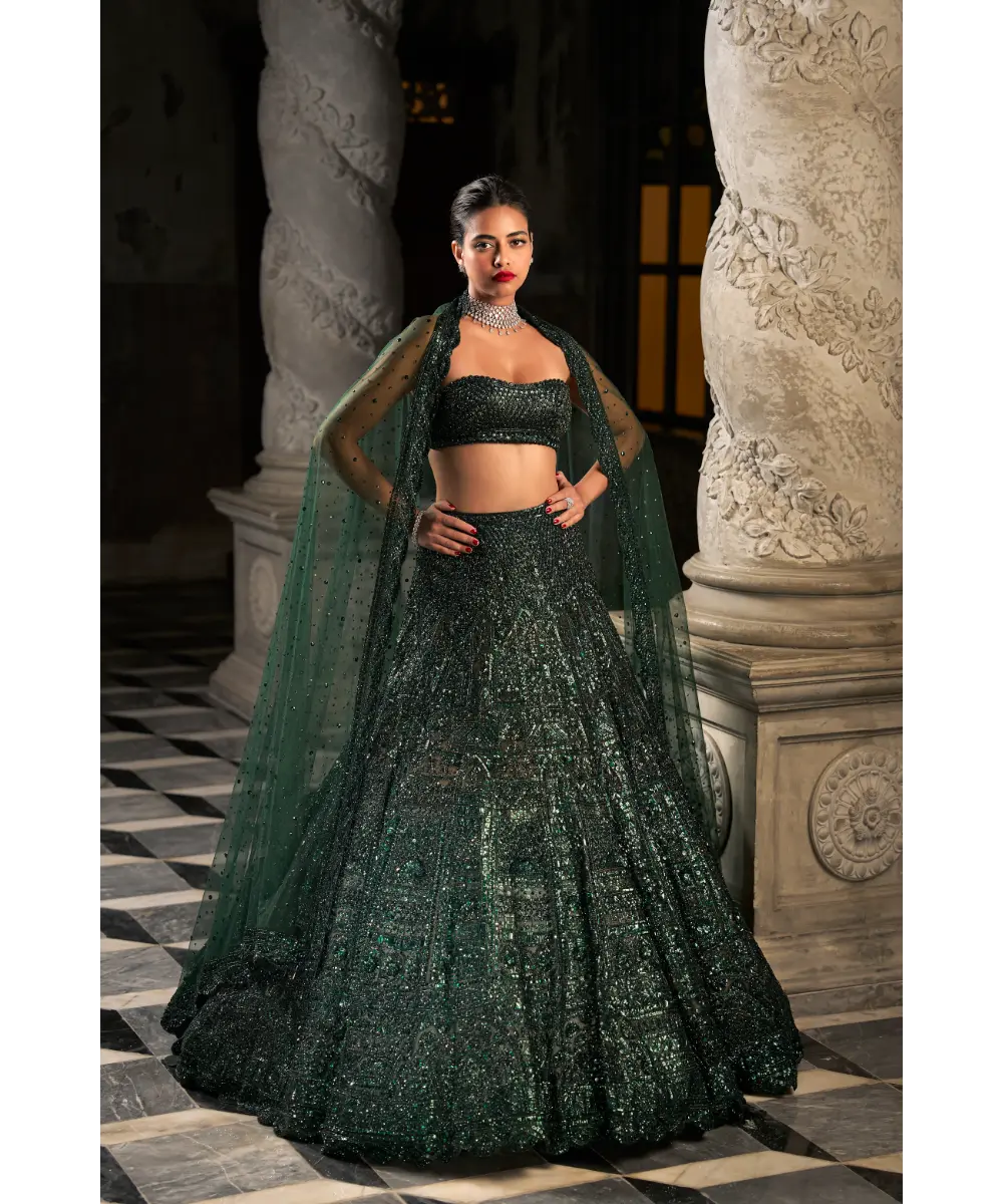 SEEMA GUJRAL- Emerald Green Sequin Lehenga Set