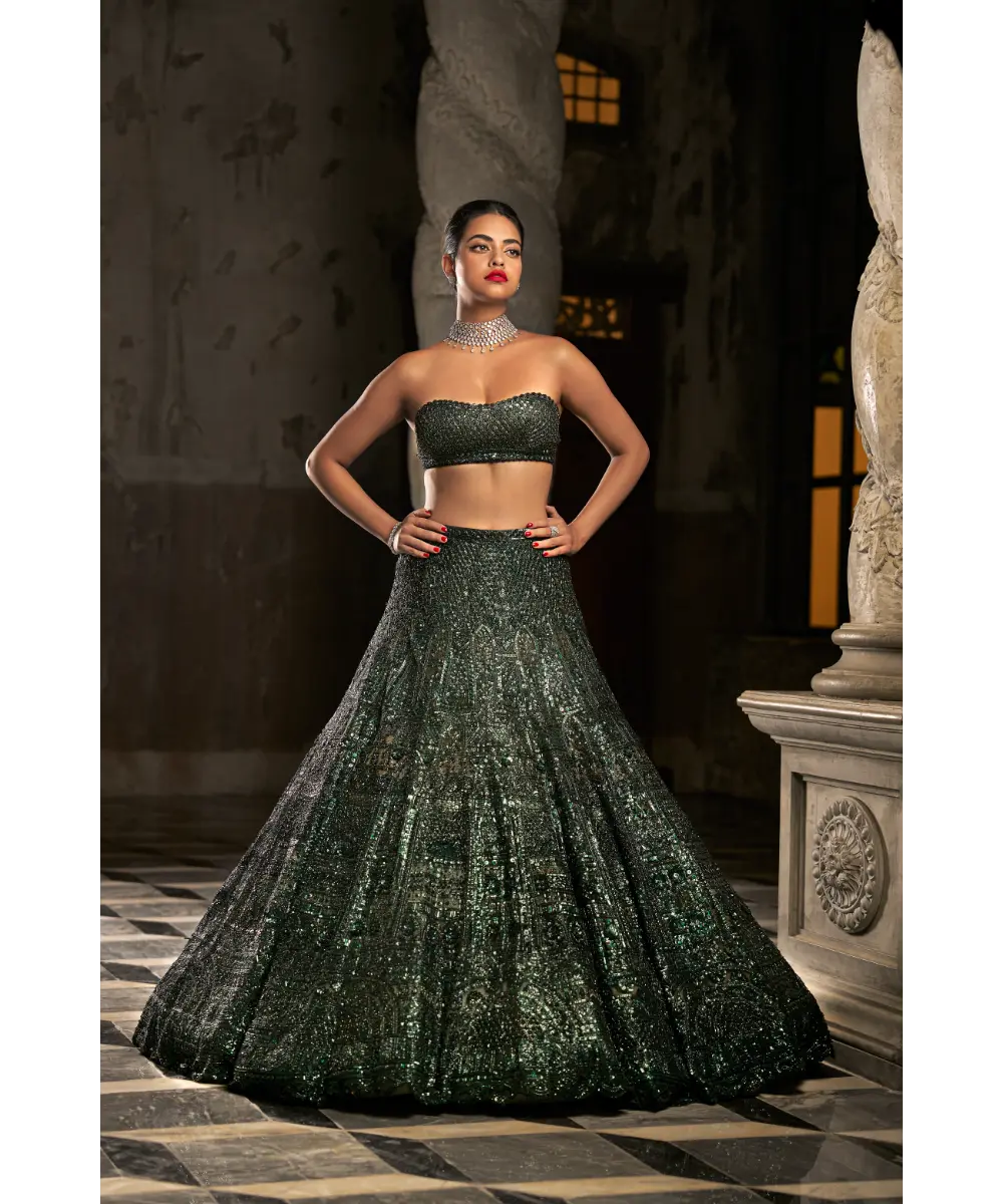 SEEMA GUJRAL- Emerald Green Sequin Lehenga Set
