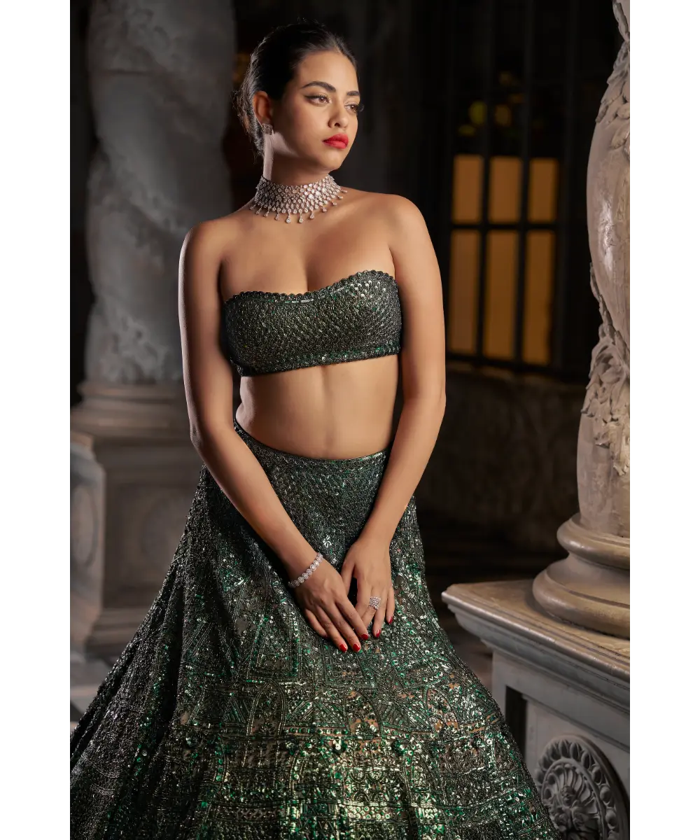 SEEMA GUJRAL- Emerald Green Sequin Lehenga Set