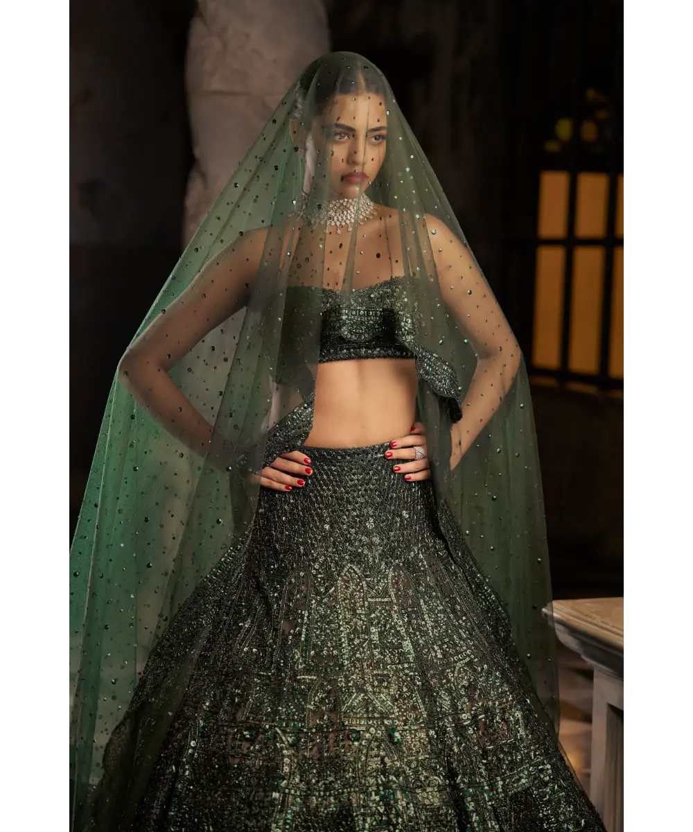 SEEMA GUJRAL- Emerald Green Sequin Lehenga Set