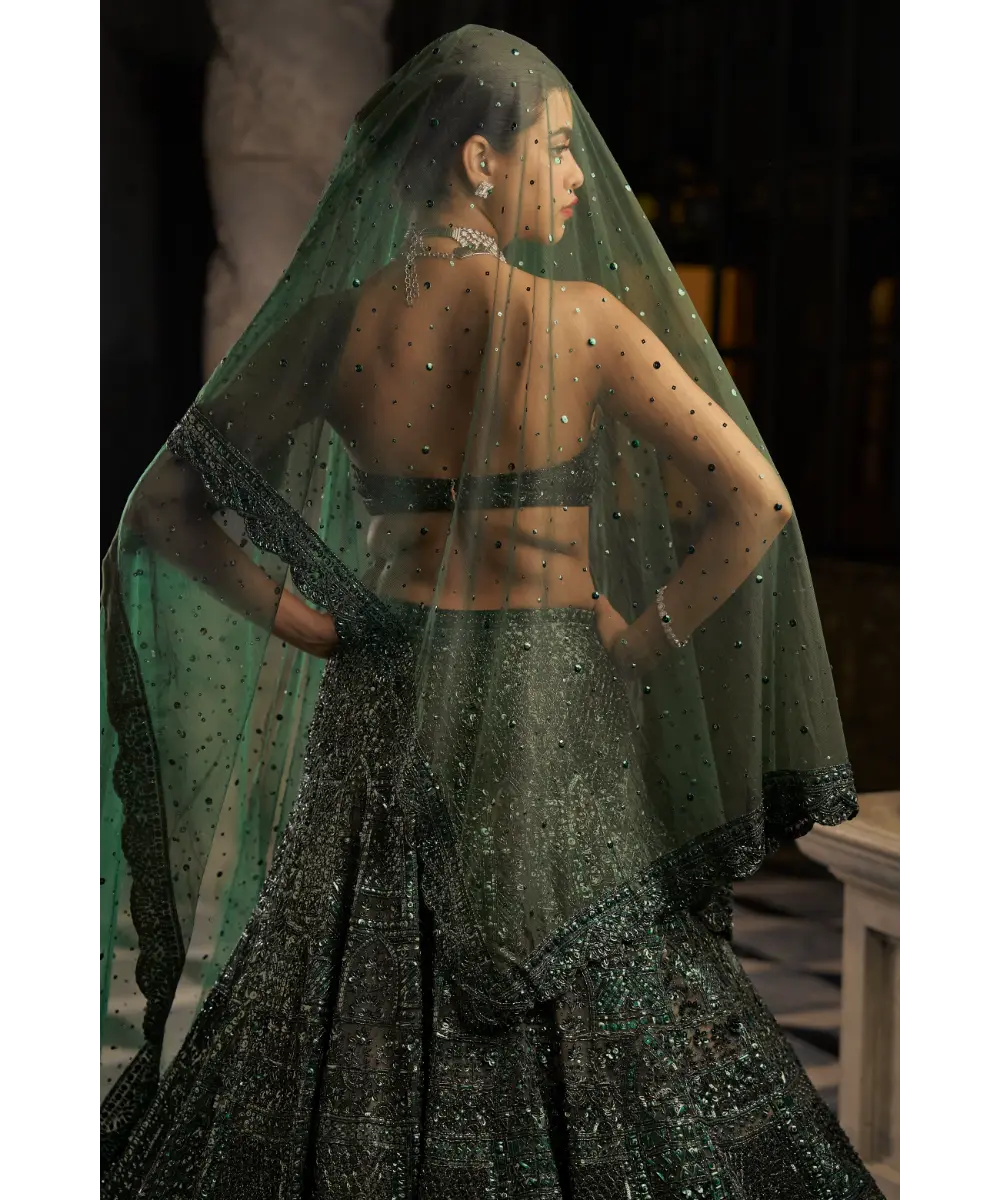 SEEMA GUJRAL- Emerald Green Sequin Lehenga Set