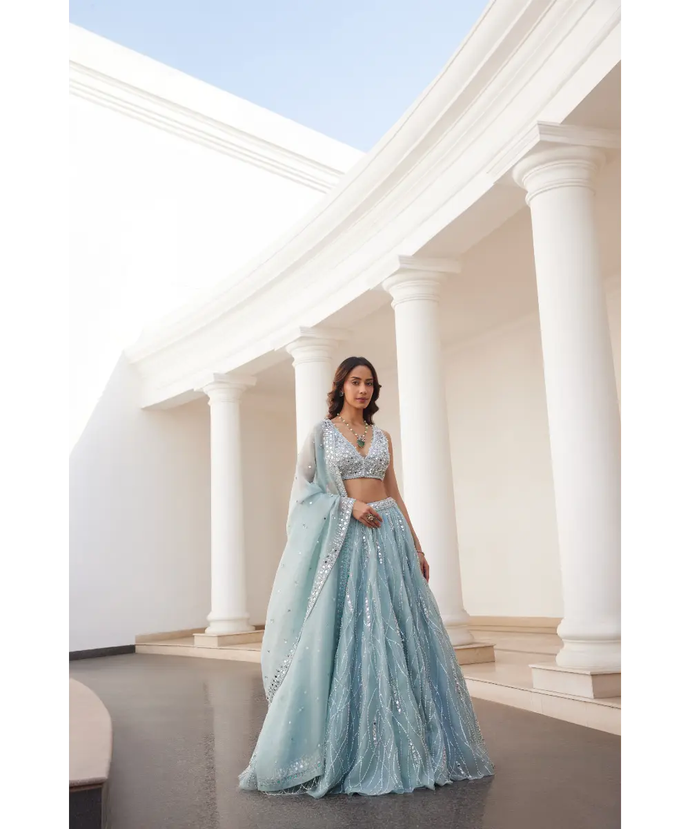 SANYA GULATI- Powder Blue Organza Lehenga and Blouse
