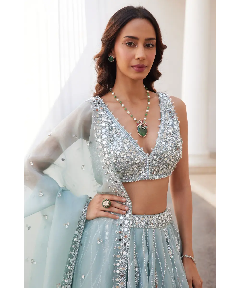 SANYA GULATI- Powder Blue Organza Lehenga and Blouse