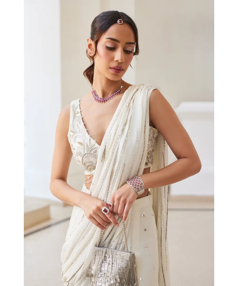 SANYA GULATI - Pearl White Slit Saree