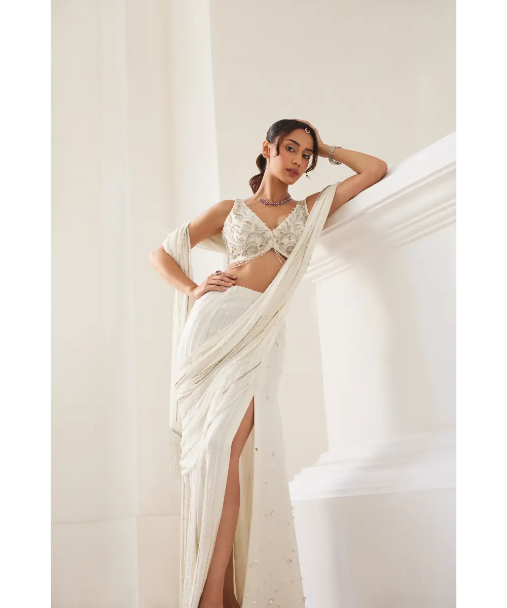 SANYA GULATI - Pearl White Slit Saree