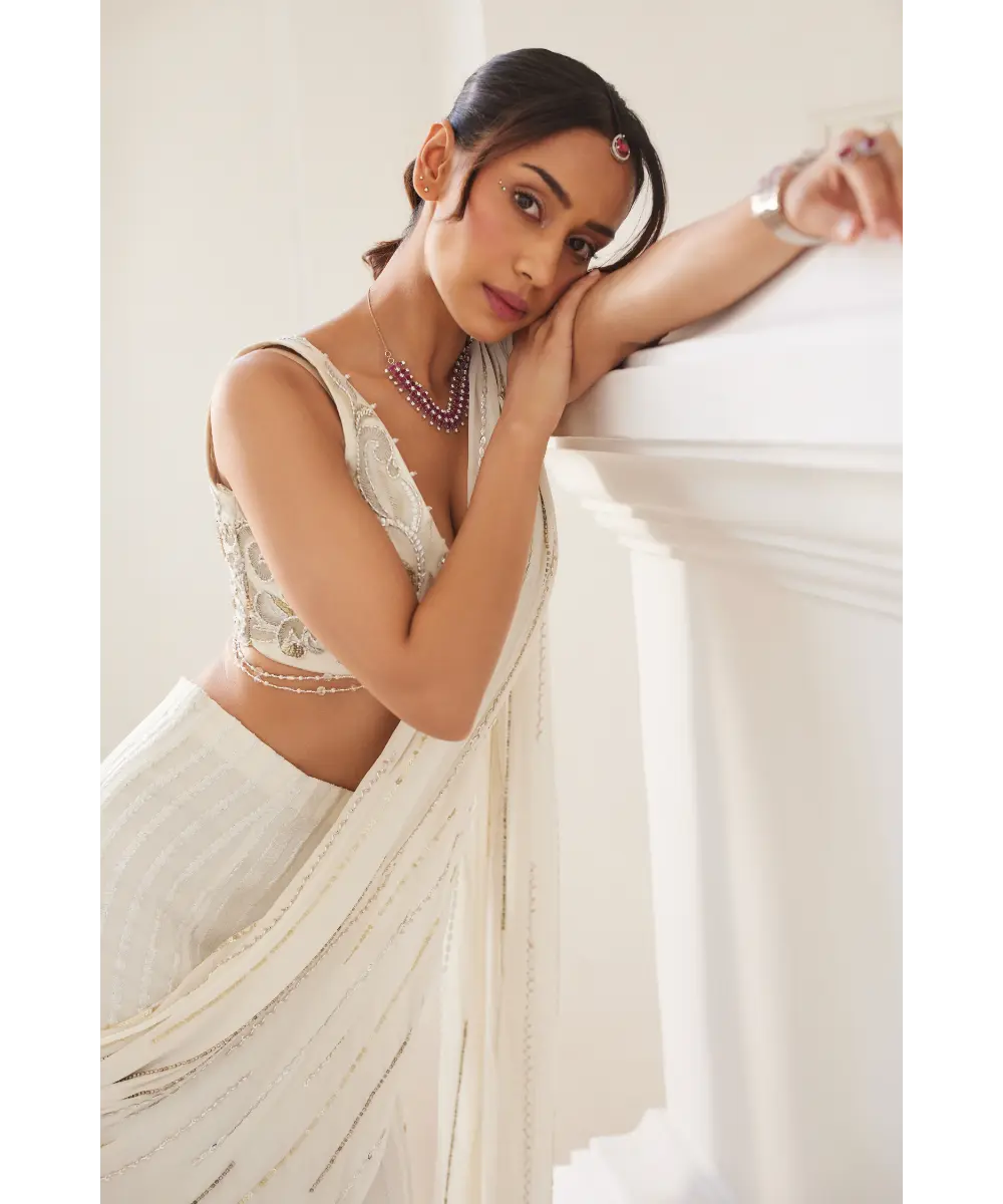 SANYA GULATI - Pearl White Slit Saree